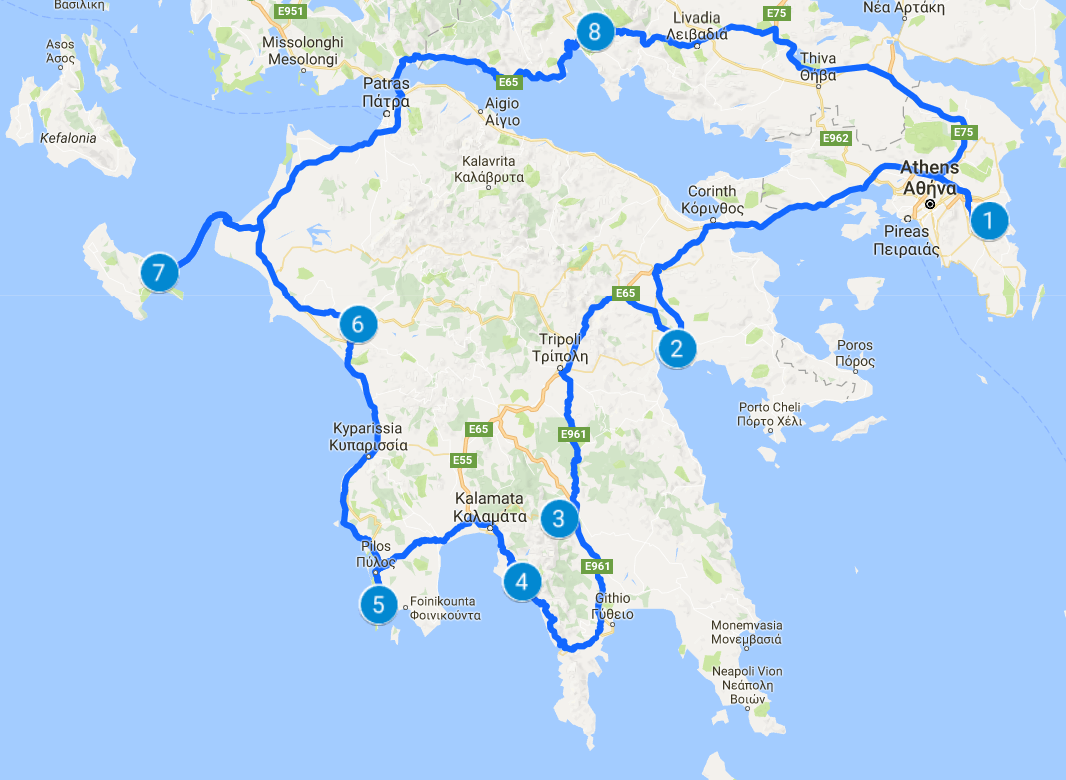 Greece Pelepponese Road Trip Route