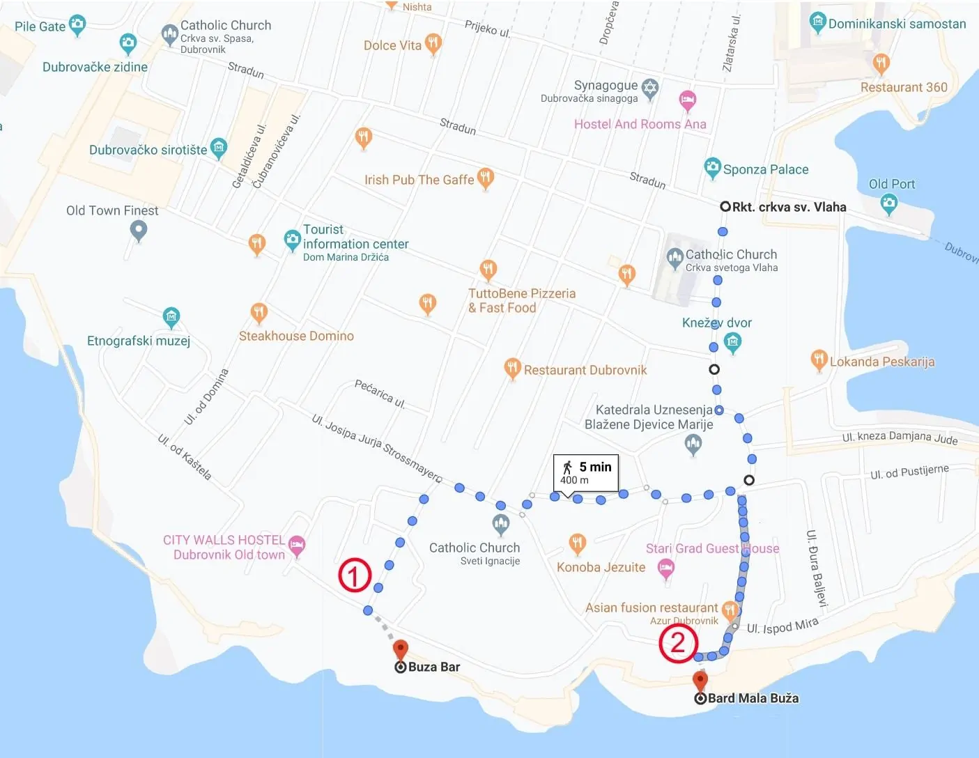 map of how to get to buza bar dubrovnik