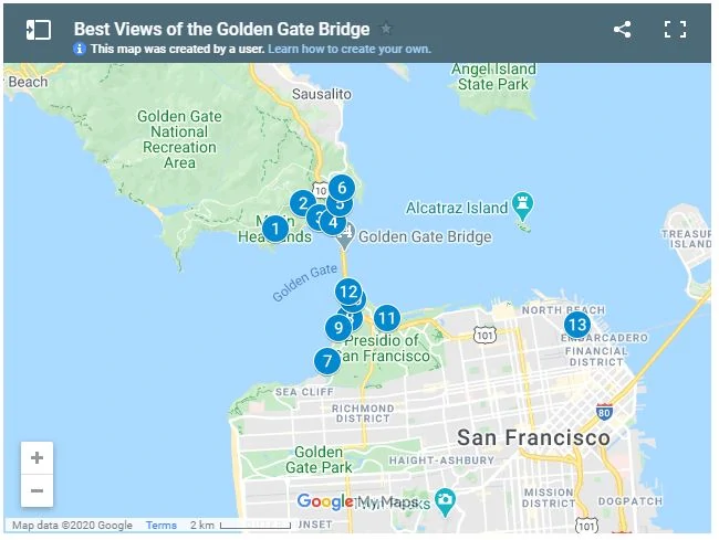 Map of Best Views of Golden Gate Bridge