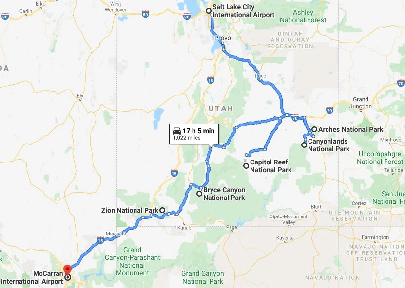 Utah National Parks Road Trip Route
